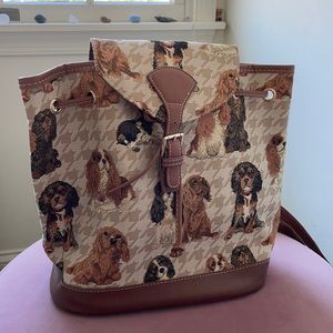 Cavalier Puppy Pattern Leather and Canvas Backpack